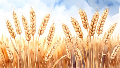 Watercolor wheat field against sky