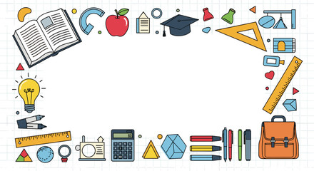 Spark creativity with vibrant school supplies, a bright idea bulb, and graduation cap border