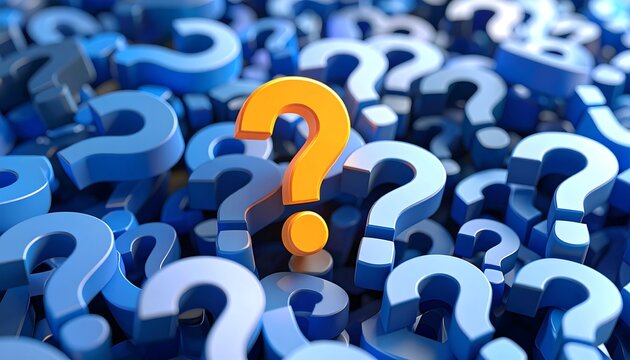 A bright, prominent orange question mark amidst a sea of blue question marks.  3D rendered - Powered by Adobe