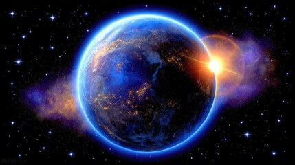 Obraz premium Earth illuminated by a vibrant sunrise in space.