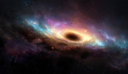 Obraz premium Cosmic vortex of swirling nebulae around a central black hole. Colorful swirling gas clouds spiral around a dark, central void. Stars scattered across the inky expanse