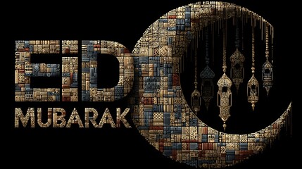 Retro vector style Eid Mubarak with crescent