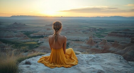 Woman Meditating on Cliff Top at Sunset | Back View of Person in Yellow Dress Practicing Mindfulness Above Desert Landscape for Wellness and Travel