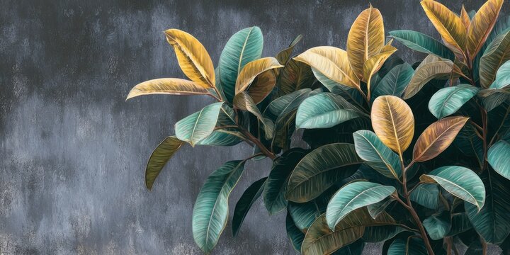 A lush arrangement of variegated leaves,  teal and ochre,  against a textured,  dark gray wall