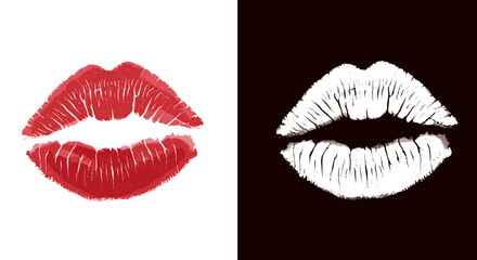 Bright red and white lipstick marks on contrasting black and white background