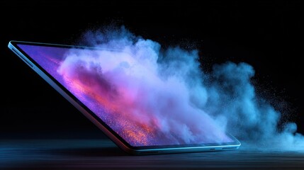 Glowing tablet display emitting colorful smoke, against a dark background. Light plays across the screen and dissipating particles, creating visual interest