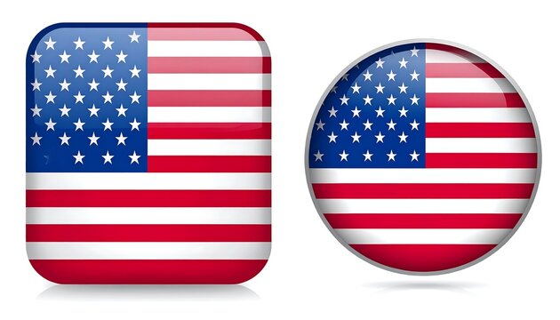 Two glossy representations of the American flag, one square and one circular