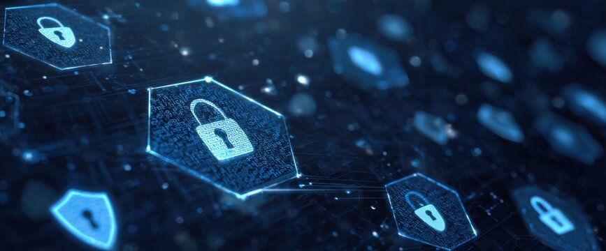 Abstract digital graphic of security lock icons on a dark background with glowing hexagonal outlines and circuitry details