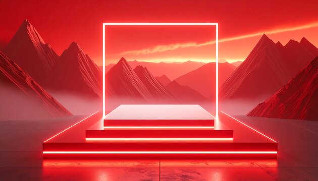 Futuristic neon stage with mountains at sunset - Powered by Adobe