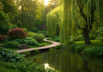 Serene Garden Path with Willow Trees and Reflecting Water a Tranquil Landscape Scene