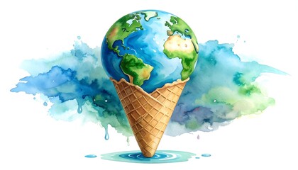 Earth globe in ice cream cone. Watercolor style