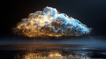 Luminescent cloud hovers above a reflective surface. Shimmers of gold and blue light cascade in an ethereal, otherworldly display against a dark backdrop