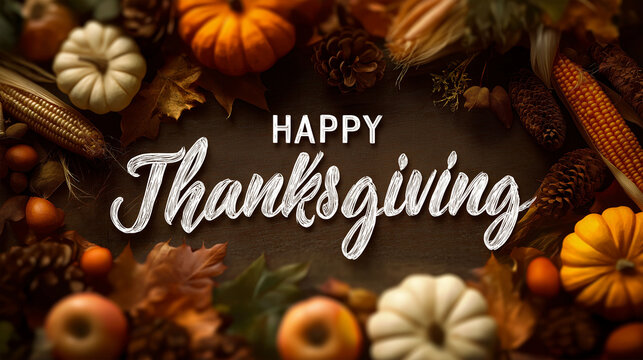 Thanksgiving Harvest: A visually stunning tableau of fall harvest elements artfully arranged around the words Happy Thanksgiving, evoking the warmth and abundance of the season. 