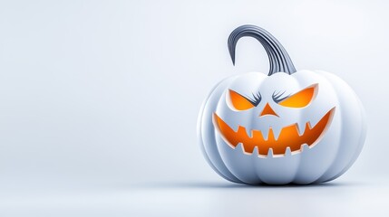 White Halloween Pumpkin with Grinning Face and Orange Glow on Neutral Background for Spooky Theme Decorations