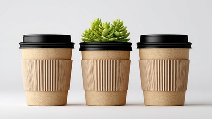 Three paper cups with black lids, the center one filled with a small green succulent, standing against a plain background