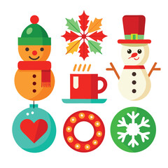 Festive winter icons with snowmen and holiday ornaments snowman