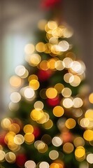 Obraz premium Out-of-focus image of a decorated evergreen, lit with many warm, colorful lights. A red bow sits atop. Neutral backdrop