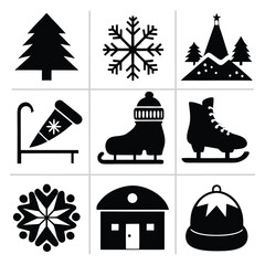 Winter holiday icons featuring trees snowflakes skates and hats christmas