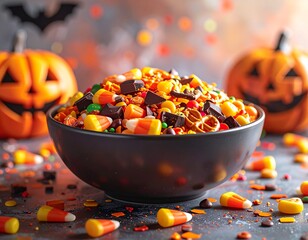 Colorful Halloween Snack Mix in Large Bowl with Confetti