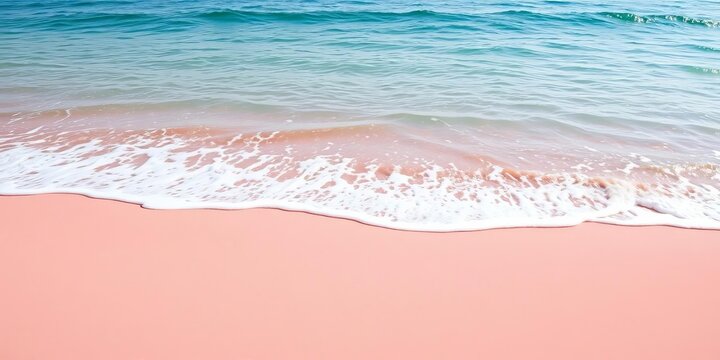 Pink sand beach, gentle blue waves lapping shore, summer sunlit scene, backdrop, serene