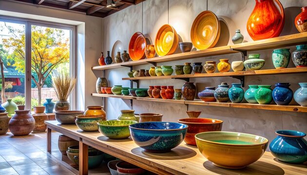 A vibrant display of colorful pottery and bowls adorns shelves and a table within a charming shop, showcasing a wide array of handcrafted ceramic pieces. - Powered by Adobe