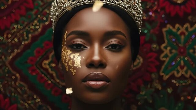 African queen with golden accents. Dreamy royalty portrait on ornate backdrop, great for beauty, fashion or luxury marketing. Petals softly fall, opening her eyes, empowered.