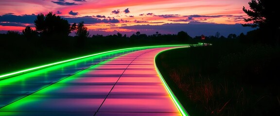 Reflective pathway glowing neon green under a dusky sky, landscape, trail