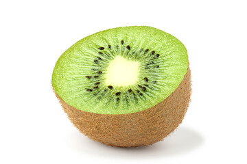 Kiwi fruit cut in half to reveal fresh, juicy green skin. isolated on white background.