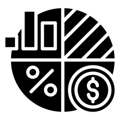Financial Report Glyph Black Silhouette Icon Design Vector - Pie chart with percentage, bars, and dollar sign, representing report, statistics, and finance