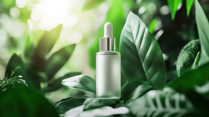 Eco-friendly skincare packaging with natural essences, on blurred background