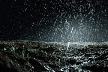 Heavy rain falls on dark soil at night