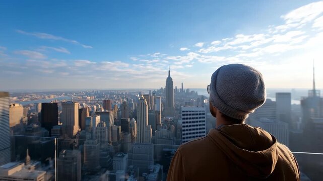 A man wearing a beanie hat is looking out over a city. The sky is clear and the sun is shining