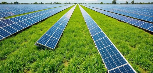Rows of solar panels seamlessly integrated into a vibrant green lawn, power, green energy