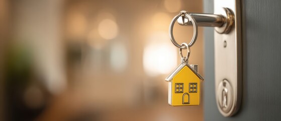 The house key with yellow house keychain hanging in an open door lock