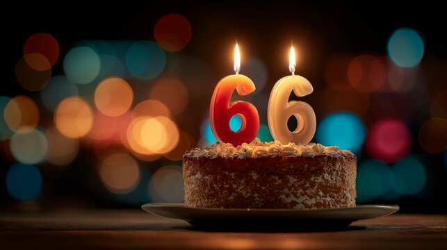 Birthday cake with glowing number 66 candles, festive party atmosphere