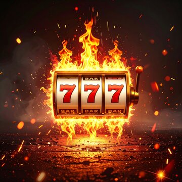 A fiery slot machine ablaze with 777