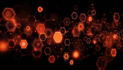 Abstract network graphic.  Orange glowing hexagons and icons on a dark background.  Connections suggest a complex system