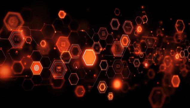 Abstract network graphic. Orange glowing hexagons and icons on a dark background. Connections suggest a complex system