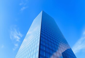 Fototapeta premium Sleek glass skyscraper reflecting blue sky, modern architecture, structure, real estate