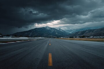 Empty runway stretches into a mountain range under a stormy sky