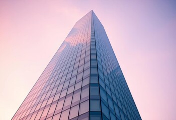 Sleek glass skyscraper, vertical view, reflective facade, modern architecture, cityscape, modern
