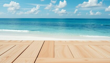 Fototapeta premium Smooth, light wood tabletop overlooking pristine white sand beach, view, top