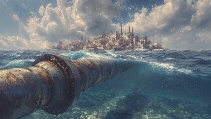 Rusted pipeline emerging from an underwater city.