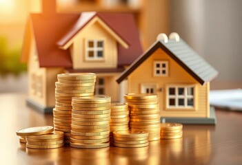 Stack of gold coins on table near house model, representing mortgage loan, credit, mortgage