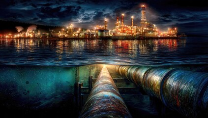 Underwater pipeline beneath a night industrial complex.
