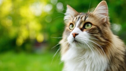Fototapeta premium This domestic cat with striking green eyes relaxes in a vibrant garden setting, surrounded by lush greenery and dappled sunlight. The atmosphere is peaceful and serene.