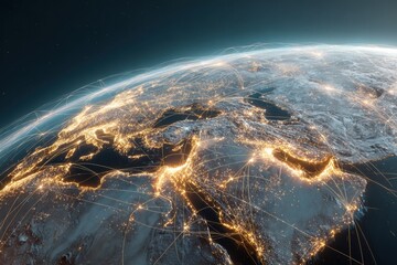 Global network of air and sea routes over a nighttime Earth