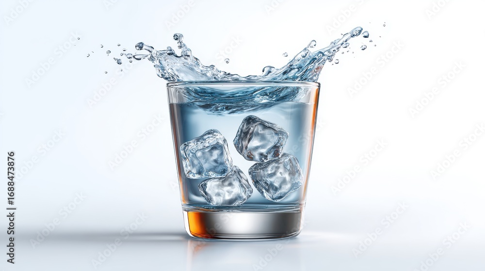 Poster splashing water and ice cubes in glass creating refreshing beverage scene in bright background