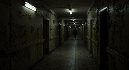 Dark abandoned hallway with single figure