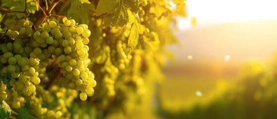 The Grapes on a Sunlit Vineyard Vine at Golden Hour with Blurred Background